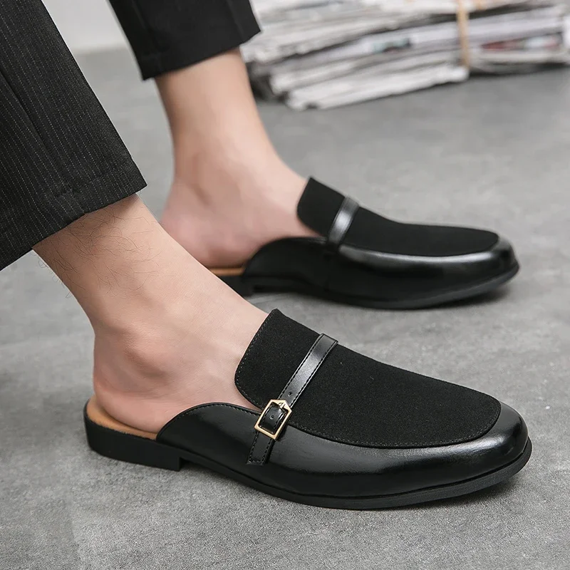 Luxury Brand Half Shoes 38-48 Men Suede Leather Brown Blue Flat Mules Black Casual Shoes Mens Fashion Mocassin Homme Chaussure