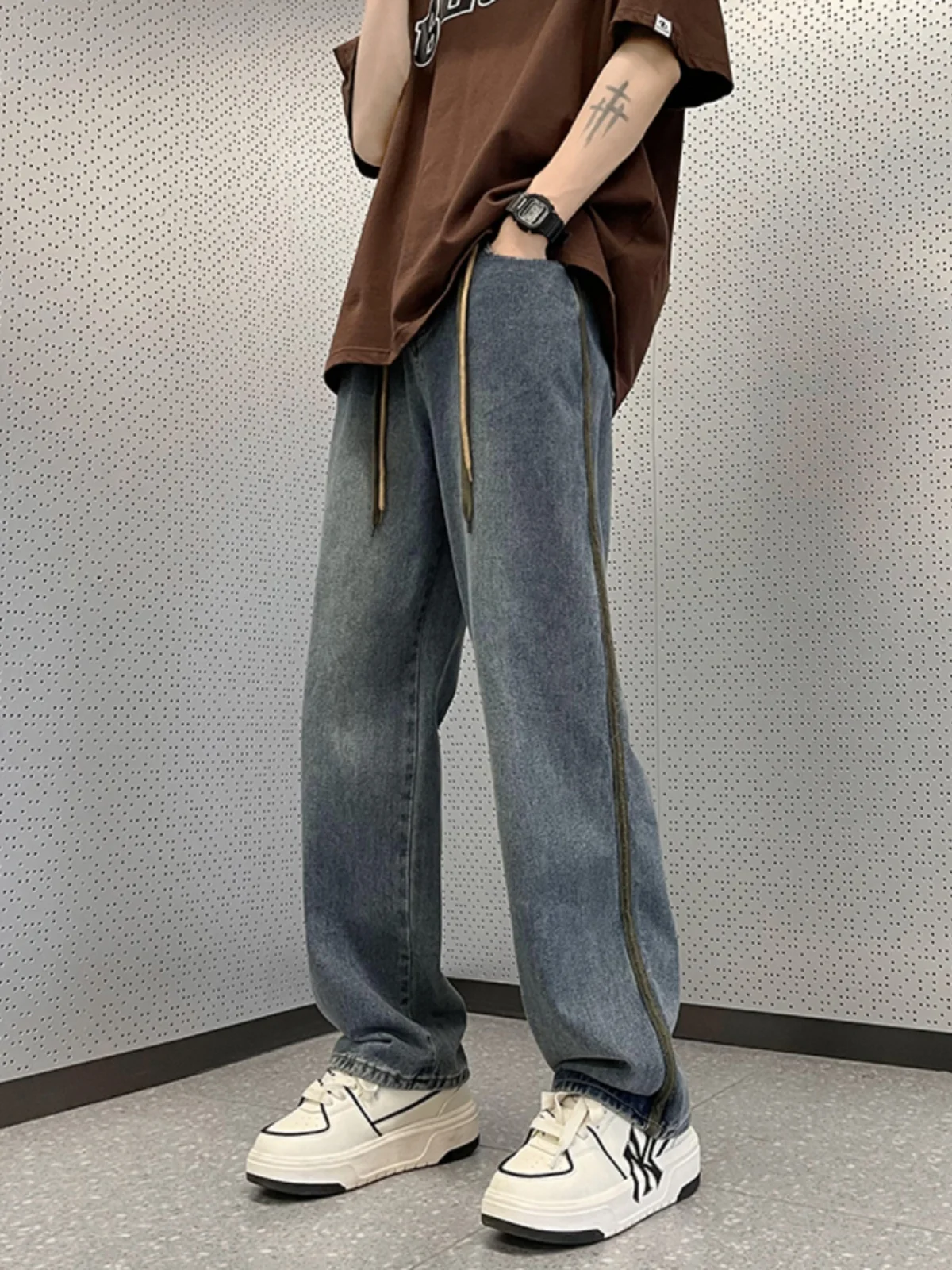 

High Street Dstring Jeans Men's Spring Japanese Trendy Street Retro Loose Large Size Straight Casual Long Pants