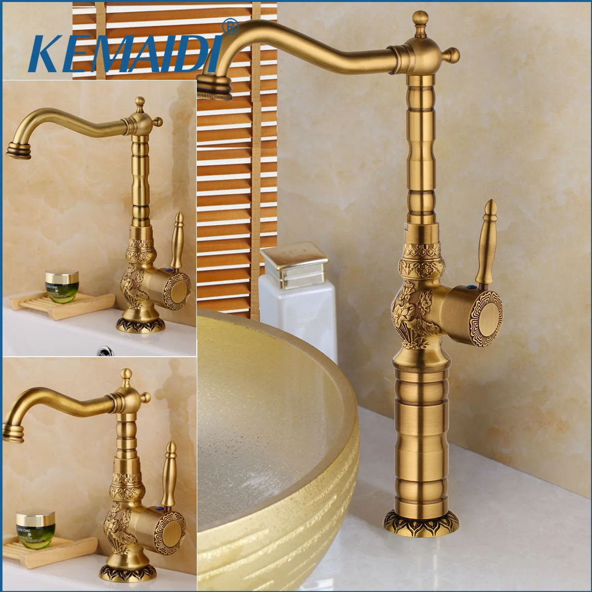 

KEMAIDI Antique Brass Bathroom Basin Sink Faucet Long Nose Spout Wash Sink Faucets With 360 Swivel Spout Single Handle Mixer