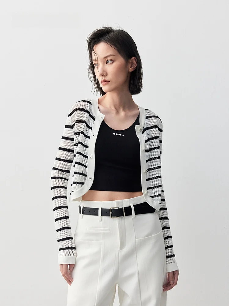 

XMOOM Autumn New Hollow out Striped Long Sve Knitted Cardigan Thin Outerwear Women's Faionable Commute Sle Loose Fit