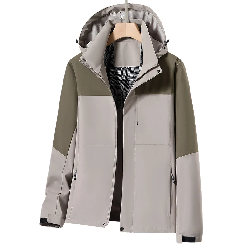 

Модная ветровка с цветными блоками для пары, походный костюм, спортивная куртка с одним смывом, съемная шапка, ветрозащитная водонепроницаемая мужская куртка