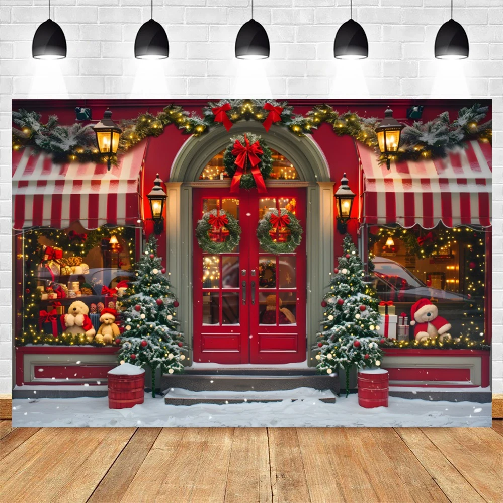 Santa Claus' Toy Store Photography Backdrop Retro Christmas Decoration Christmas Tree Wreath Gift Kids Family Party Background