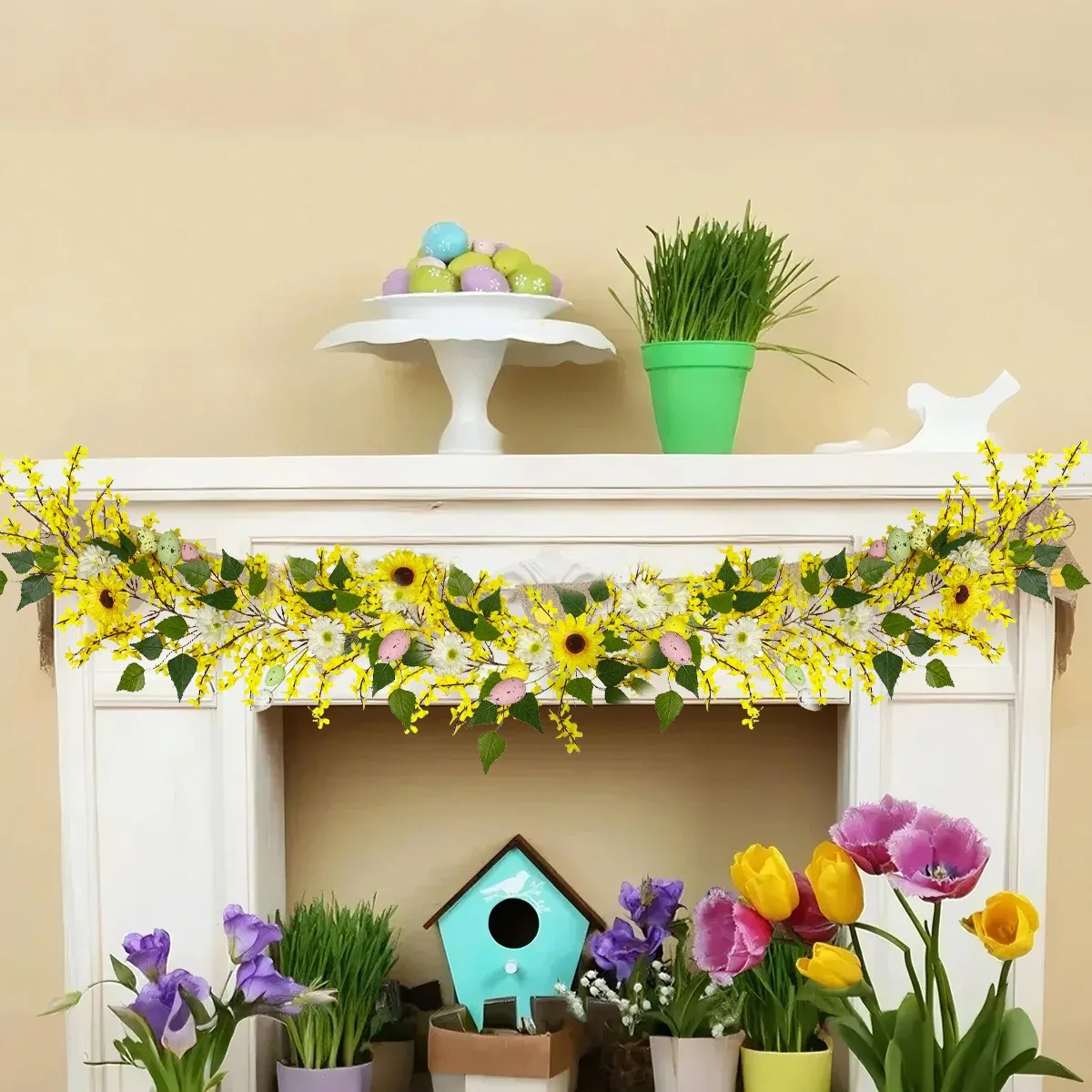 

4.9ft Easter Egg Garland Easter Front Door Garland Spring Hanging Sunflower Flowers Vine Easter Hanging Tree Garland