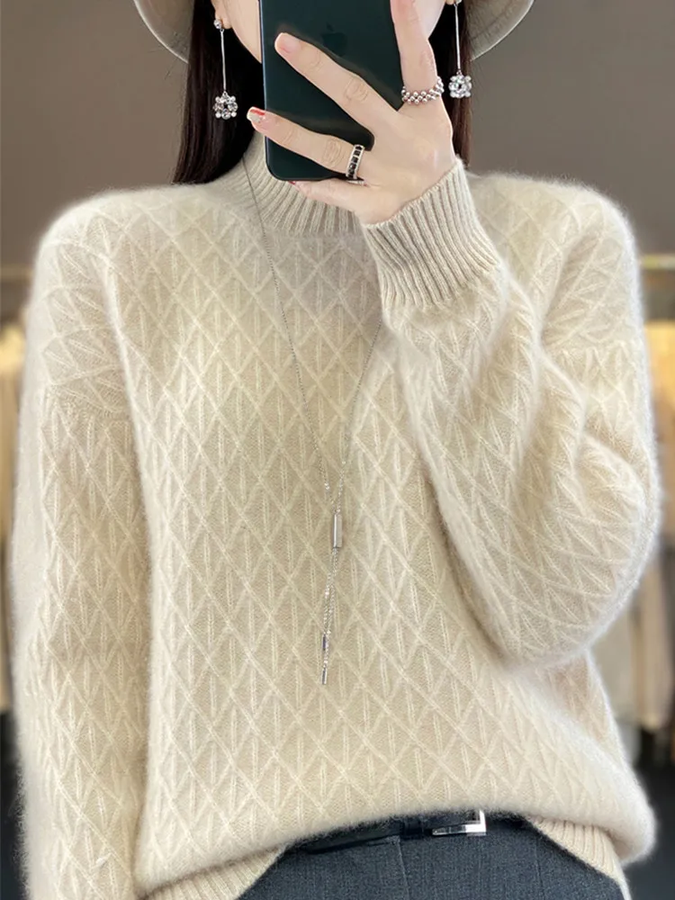 Twisted half high collar versatile knit sweater jacket new long sleeved loose autumn and winter trendy Blouse