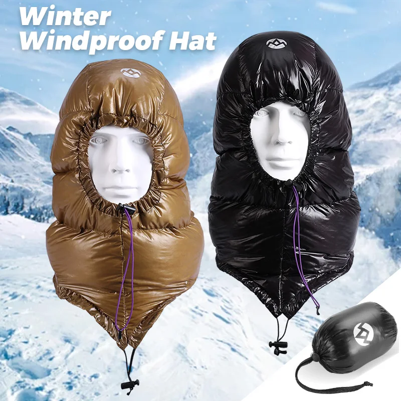 Winter Down Cap Outdoor Hiking Mountaineering Keep Warm Cold-Proof Waterproof Down Hat Adjustable Sleeping Bag Cap for Adult