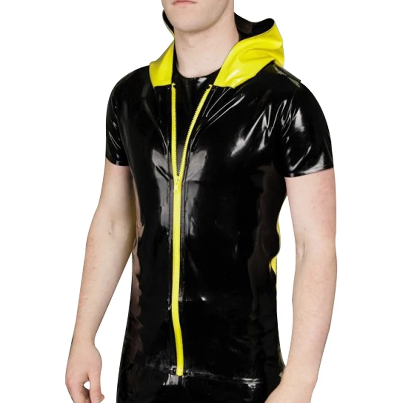 

Black And Yellow Sexy Latex Shirt With Hoodies Zipper At Front Rubber Clothing