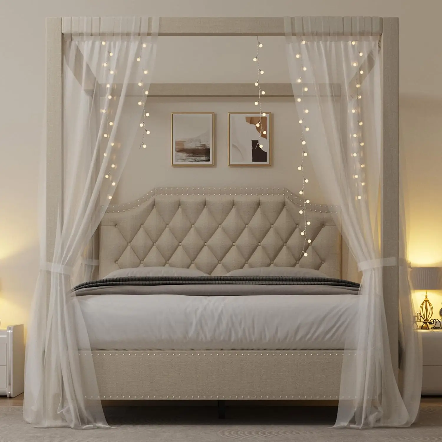 Upholstered Canopy Bed Full Tufted Headboard Bedroom Furniture, Customized