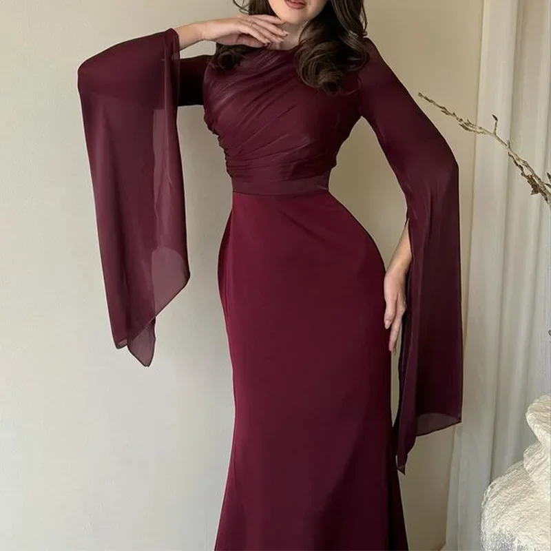 Customized Classic Modern Style Chiffon Pleat A-line O-Neck Long Dresses Prom Dresses Fashion High Quality Simple Classic Elegan