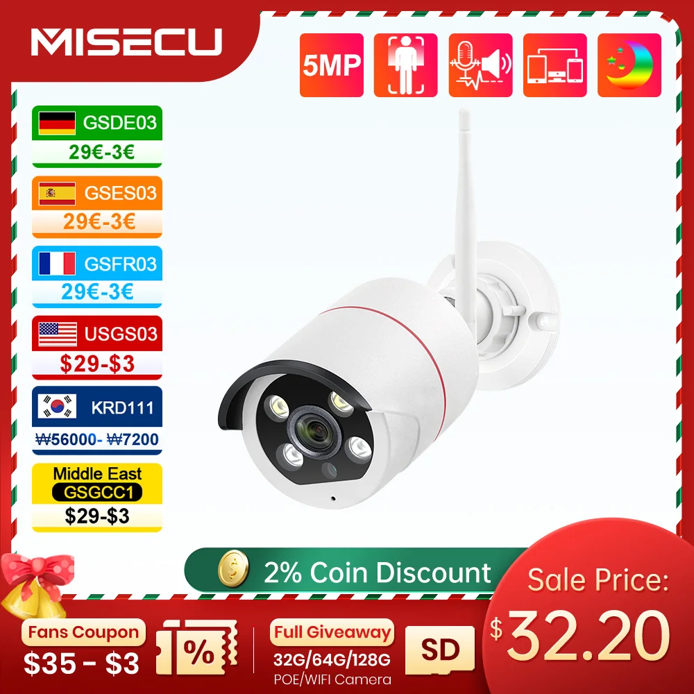 MISECU-cámara IP inalámbrica AI de 5MP, Audio bidireccional, Color nocturno, WIFI, detección facial, grabadora de Audio, cámara de seguridad de vigilancia