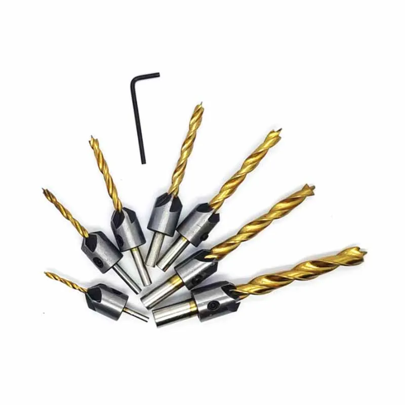 4/7PcsTitanium Plated Chamfer High carbon Steel Bit Three Point Drill Countersunk Reaming Device Woodworking Guide Bore Wood