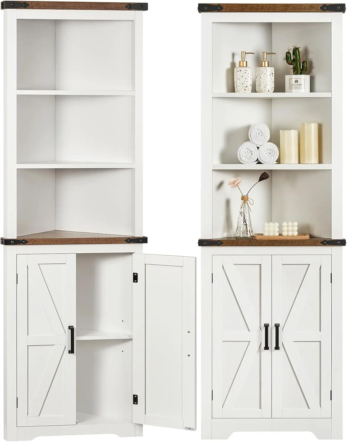 

70" H Farmhouse Corner Cabinet w/5 Shelves & 2 Barn Doors, Adjustable Shelf, for Living Room, Kitchen, Bathroom, White