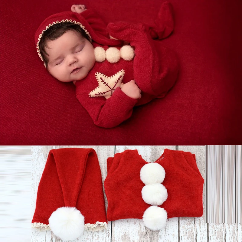 Christmas Costumes Newborn Photography Clothing Soft Plush Santa Claus Hat and One-piece Suit Studio Baby Photoshoot Outfits