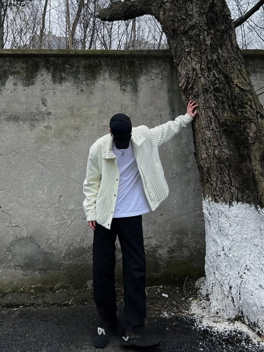 

American Retro Corduroy Jaet Men's Faion Streetwear Tassel Trim White oulder Padded Long Sve Stand Collar Coat