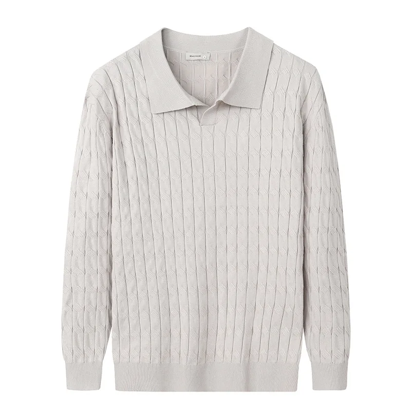 Mens Knit Sweater Polo Shirt V Neck Cable Stitch Business Collar Long Sleeve T Shirt Autumn Winter - Image 6