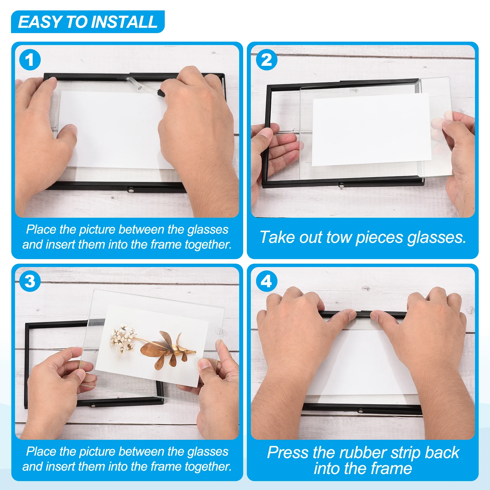 2Pcs Metal Photo Frame Glass Transparent Stand Picture Frames Photo Display Frame for Desktop Landscape Portraits Decorative
