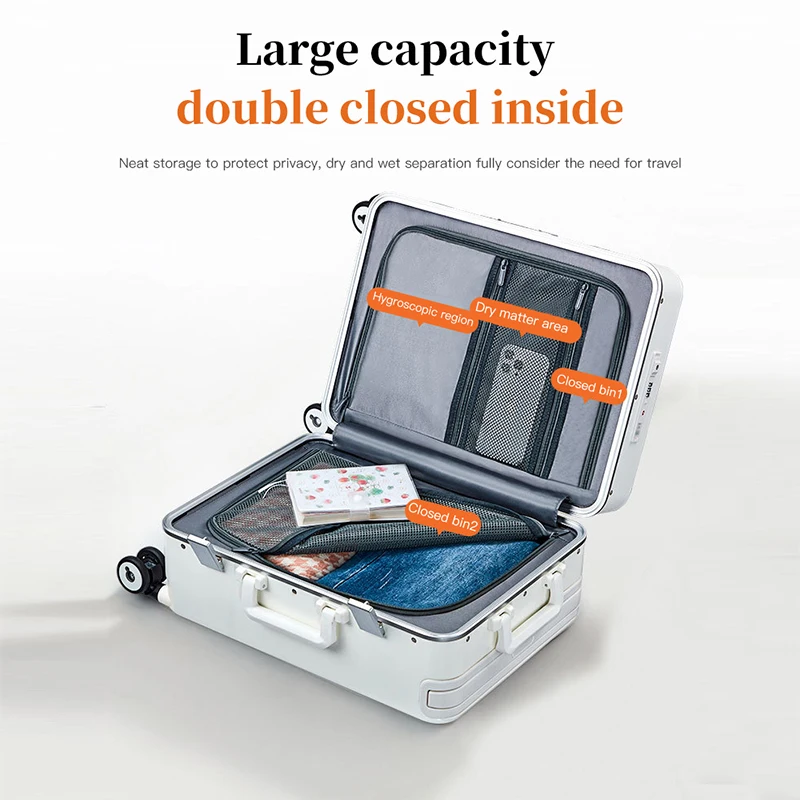 أمتعة مقاس 24 بوصة بإطار من الألومنيوم وقضيب سحب عريض وفتحة أمامية، بالإضافة إلى حقيبة سفر عالية القيمة مقاس 20 بوصة (سحب r)