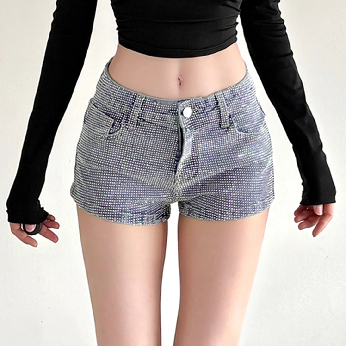 

Clubwear Sparkle Glitter Rhinestone Denim Shorts Slim-Fitting Mid-Waisted Pants Women 2025 Streetwear Fashion Bling Jean Shorts