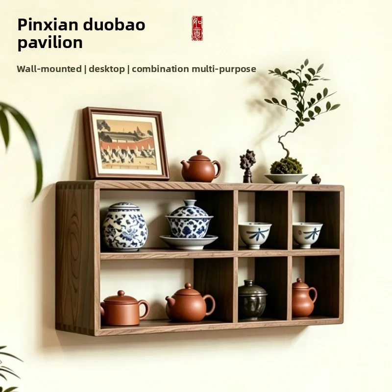 Solid Wood Wall Mounted Display Shelf Curio Cabinet for Tea Set Cups Hanging Organizer for Living Room Retro Teapot Storage Rack