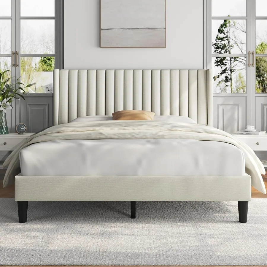 Upholstered Platform Bed Frame with Fabric Headboard and Wing Edge Design for Modern Bedroom Decor NonSlip and NoiseFree Constr