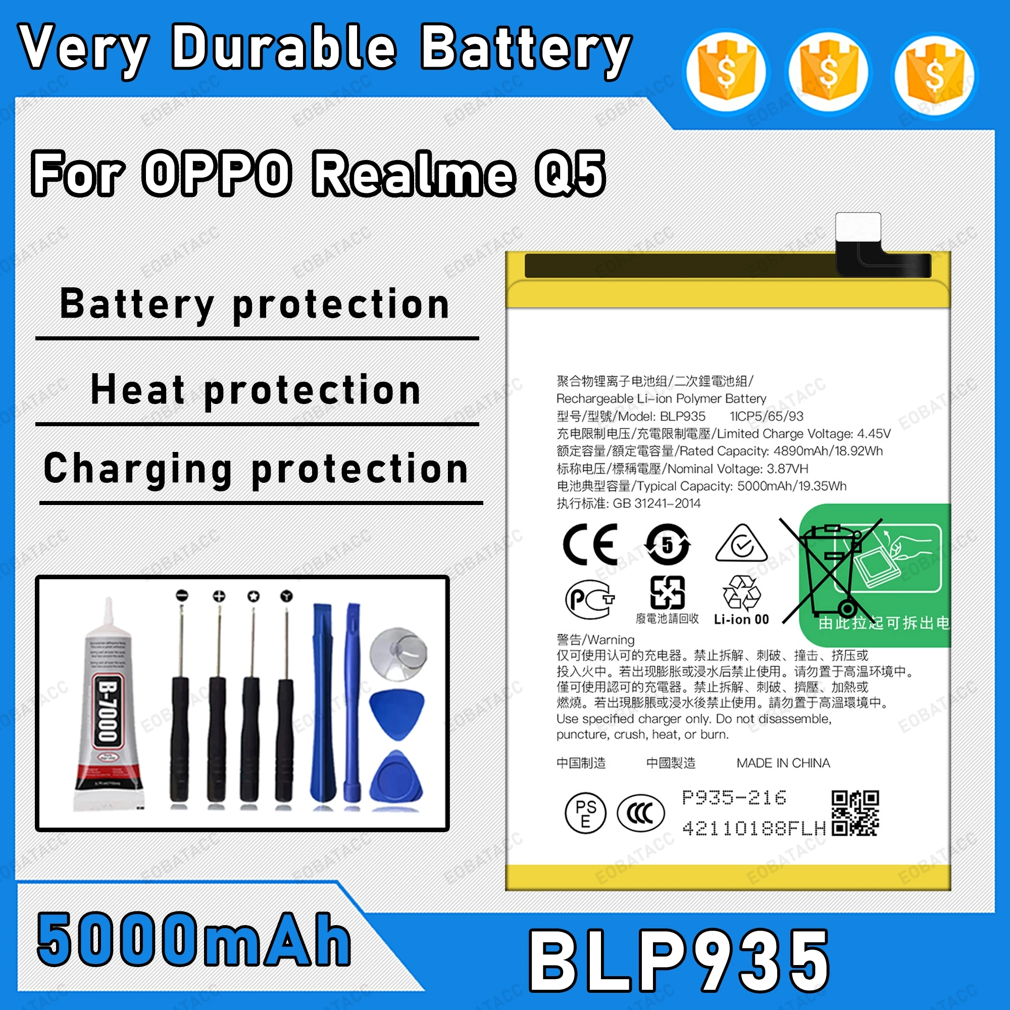 

5000mAh 100% New BLP935 Battery For OPPO Realme Q5 Replacement Bateria+Free Tools