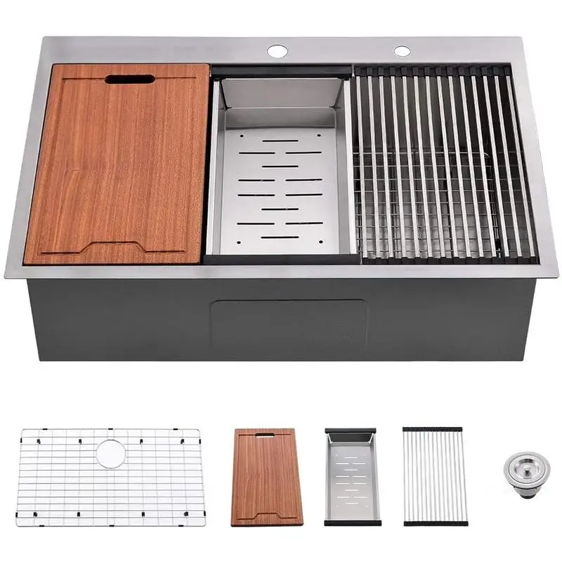 

33-Inch Drop-In 16-Gauge Stainless Steel Kitchen Sink, Single Bowl with Integrated Ledge & Accessories, 33"x22"x10" (Pack of 5)