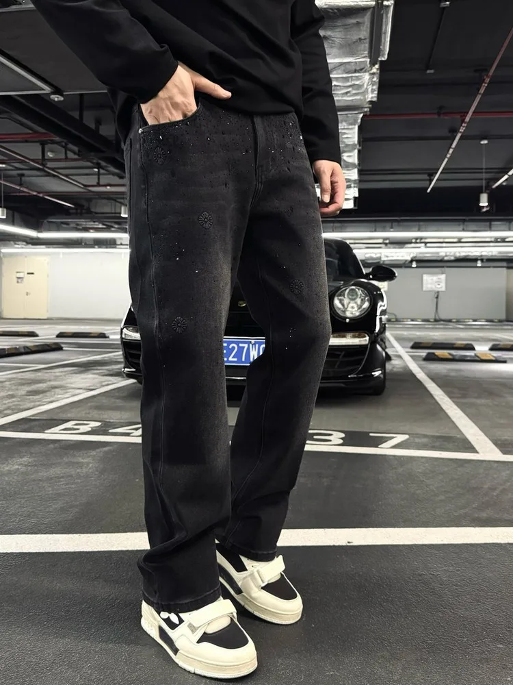 

New 2026 Men's Loose Fit Luxury Straight Leg Denim Jeans Emed Floral Heat Set Diamond High Faion Urban Sle Casual Tro...