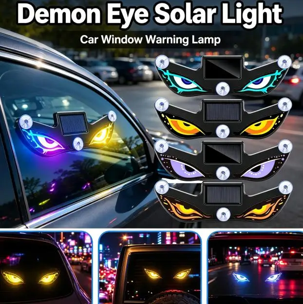 Solar Powered Devil Eyes Car Warning Light Suction Cup Breathing LED Ambient Lamp Waterproof Wireless Rechargeable Auto Window