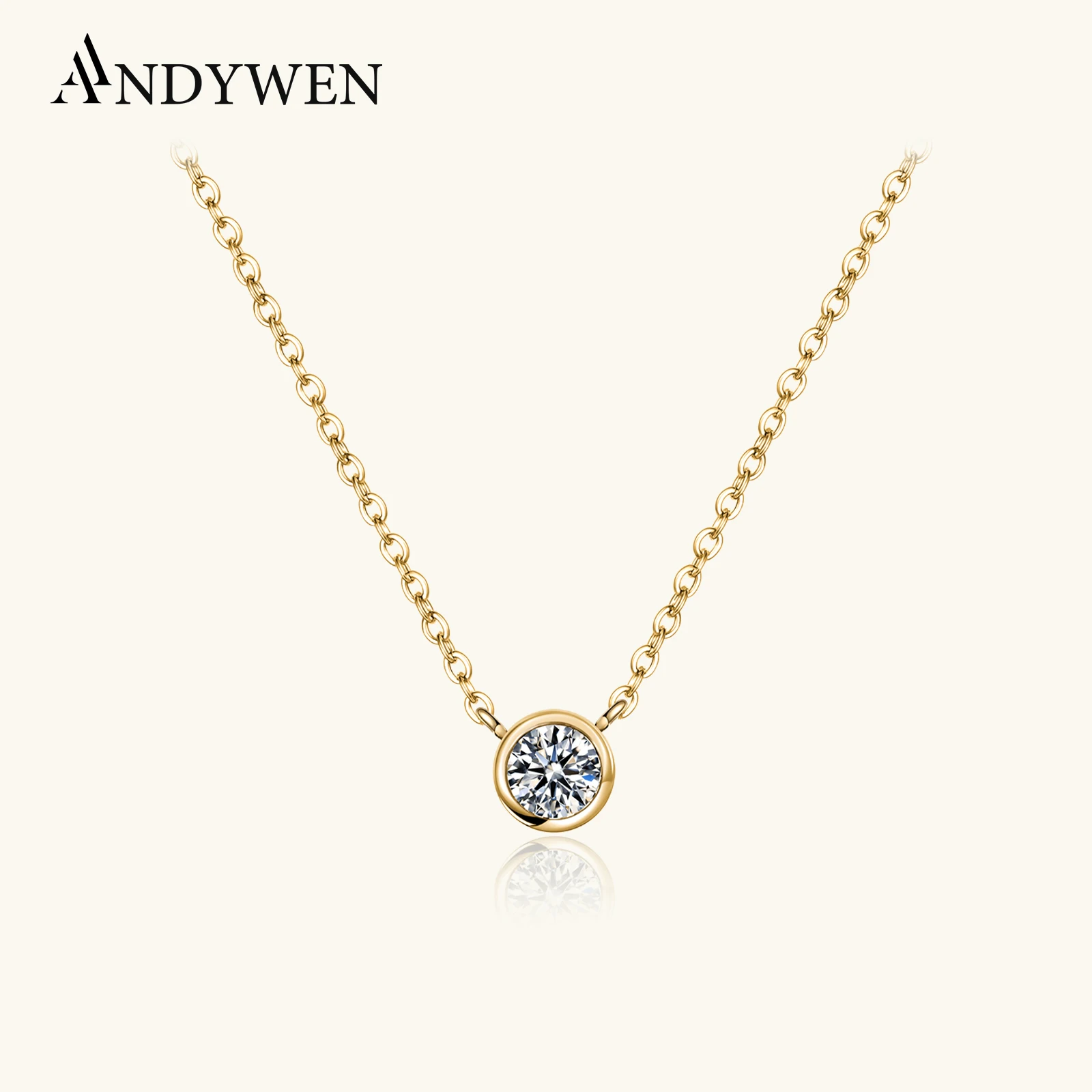 ANDYWEN 925 Sterling Silver Gold One Zircon Charm Necklace Long Chain Women Pendant Choker Fine Jewelry For Girl Rock Puck Cryst