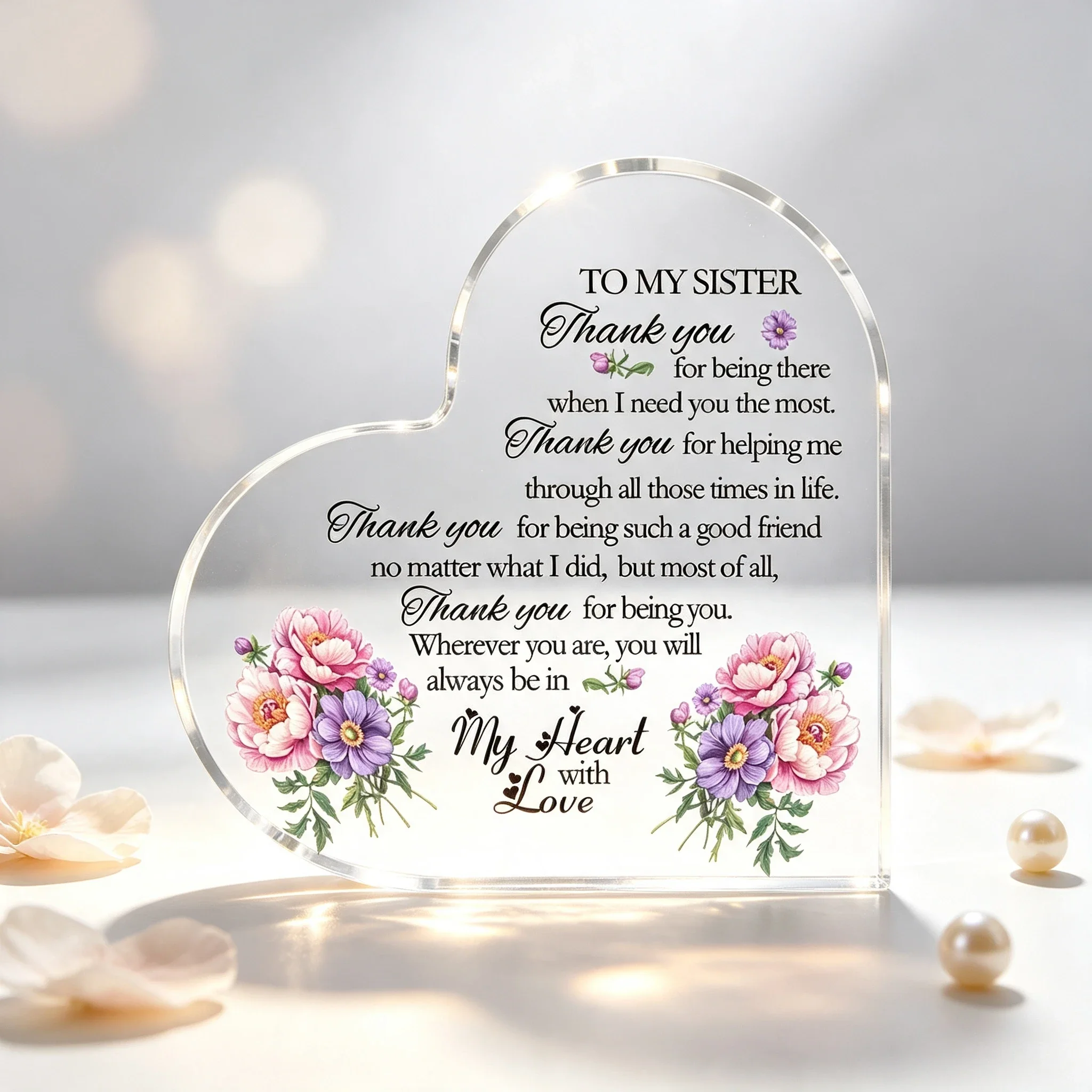 Heart Acrylic Plaque To My Sister Pink Purple Peony Floral Sister Gift,Thank You Sister Meaningful Acrylic Plaque Family Tabletop Ornament