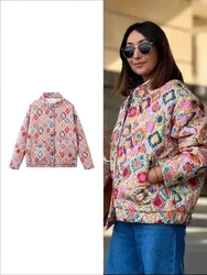 TRAF Women's Fashion Floral Printed Cotton Jacket Retro Standing Collar Long Sleeve Padded Coat Ethnic Style Warm Quilted Jacket