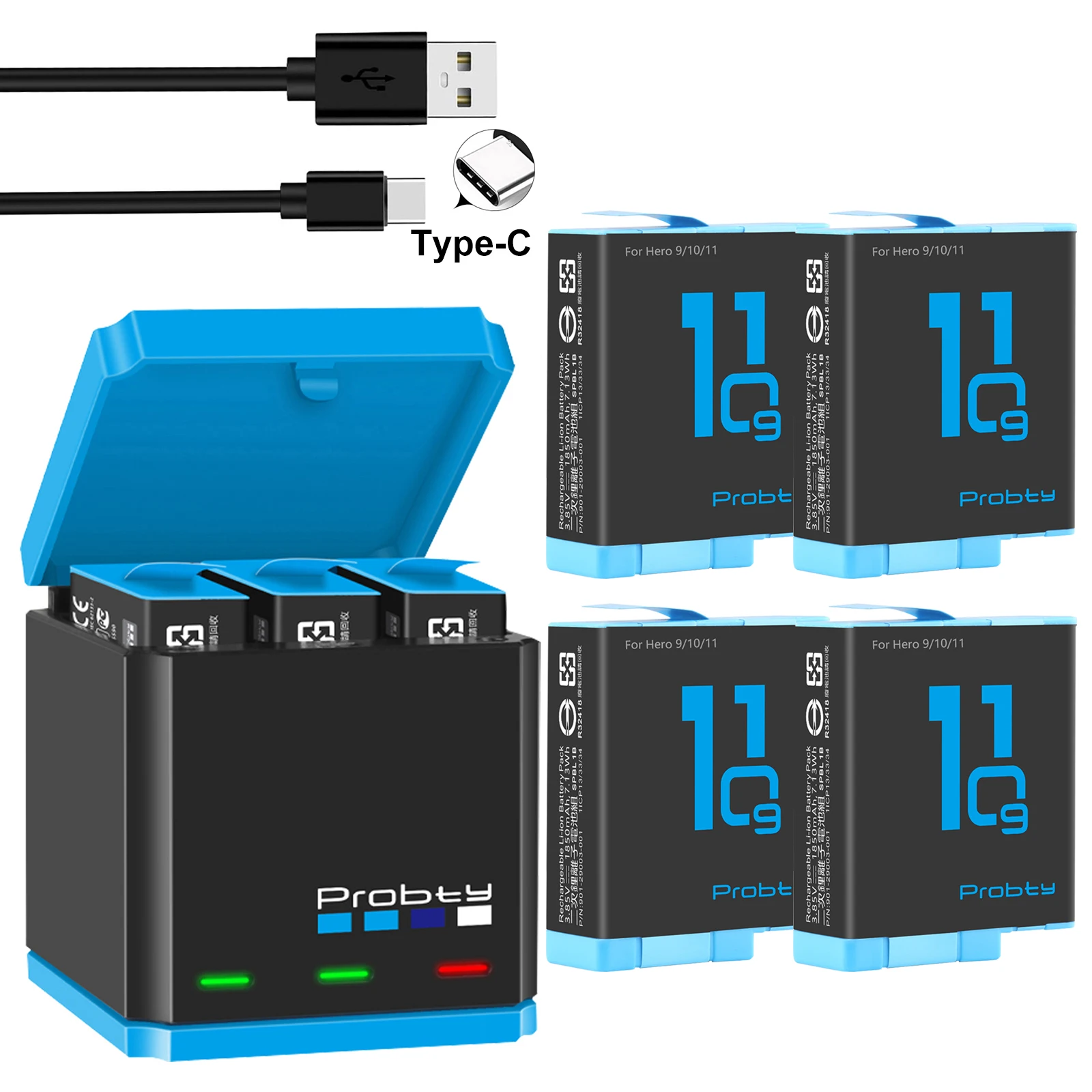 1850 mAh batterij voor GoPro Hero 10 + LED 3-slots oplader met Type-C poort voor GoPro Hero 12 Go Pro 10 hero 11 hero 9 sportcamera's