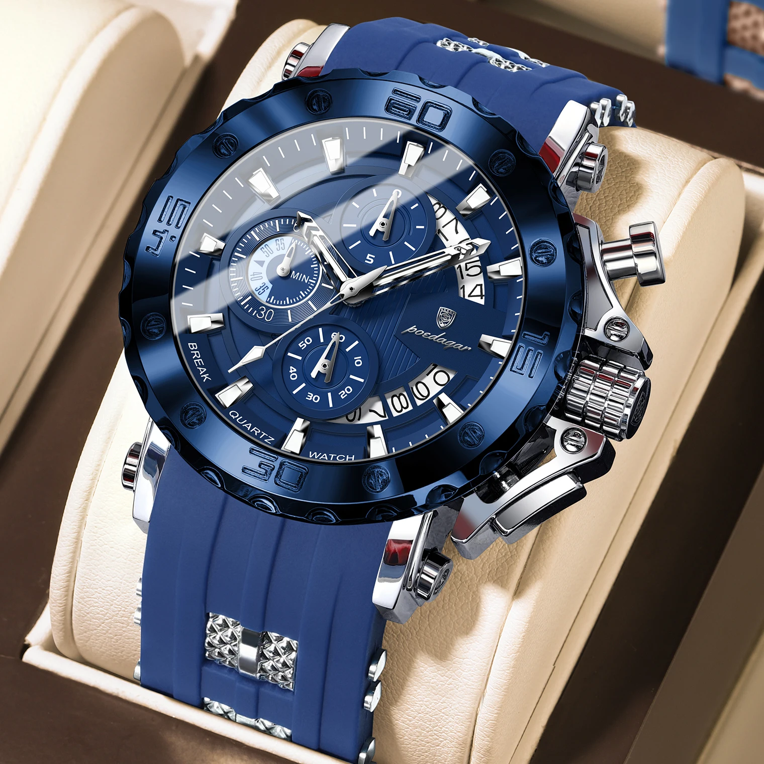 POEDAGAR Top Luxury Men Clock Luminous Waterproof Chronograph Date Military Man Watch Silicone Quartz Sports Men's Watches Reloj