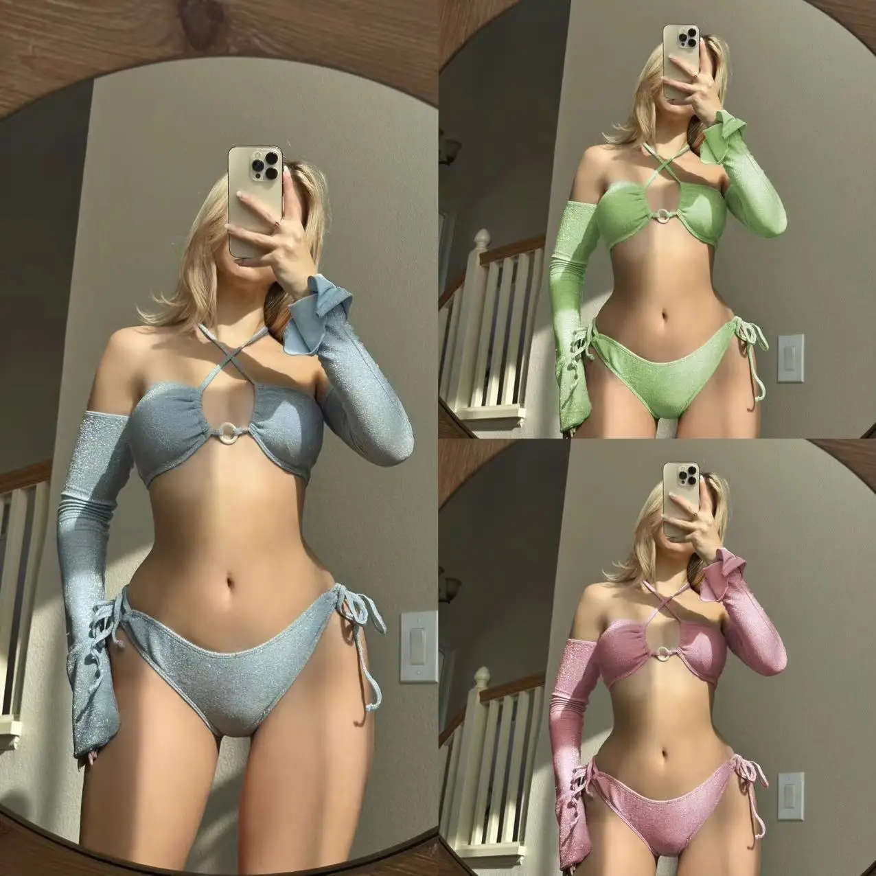 

Новый глянцевый комплект из четырех предметов, бретельки с рукавами, купальник, бикини.