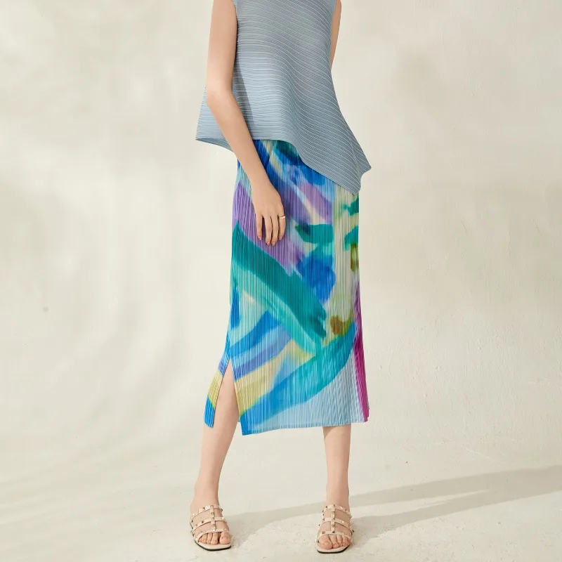 Miyake Pleated 2026 New Summer Skirt Casual Pleated Gradient Dye Print High Waist Slimming Fashion Straight Skirt Summer Pleat