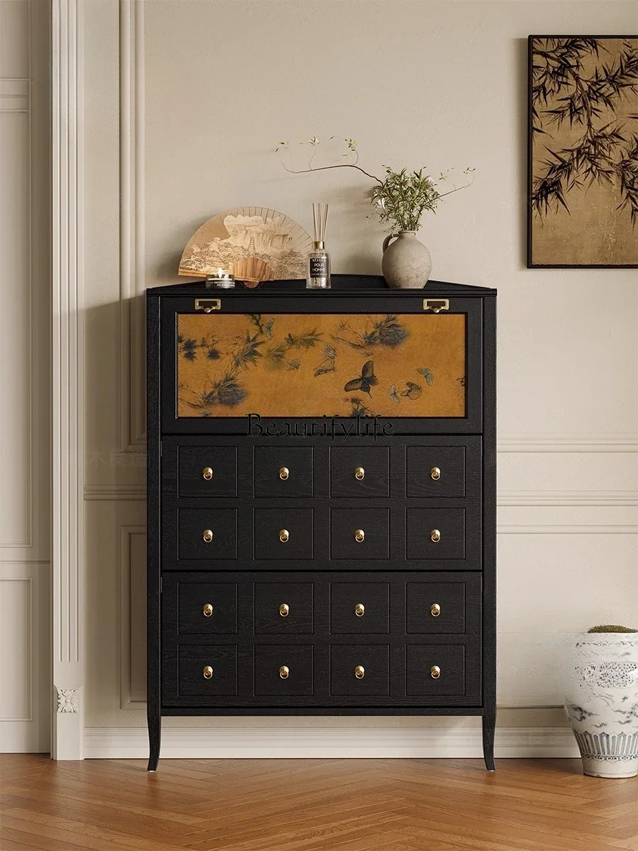 

yj21 Solid wood ultra-thin French retro small apartment narrow flap door entrance cabinet