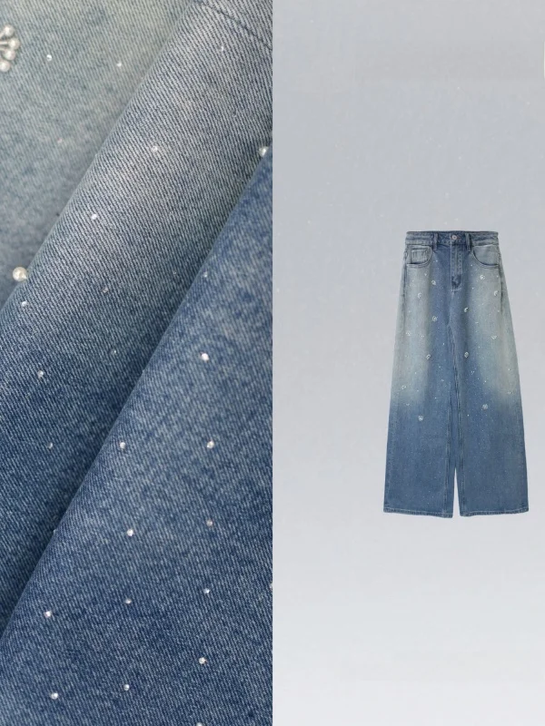 

Faionable Waed Denim Jeans with Heavy Rhinestones Small Design Edition Straight Leg Ladies Jeans l Waist Denim Fabric