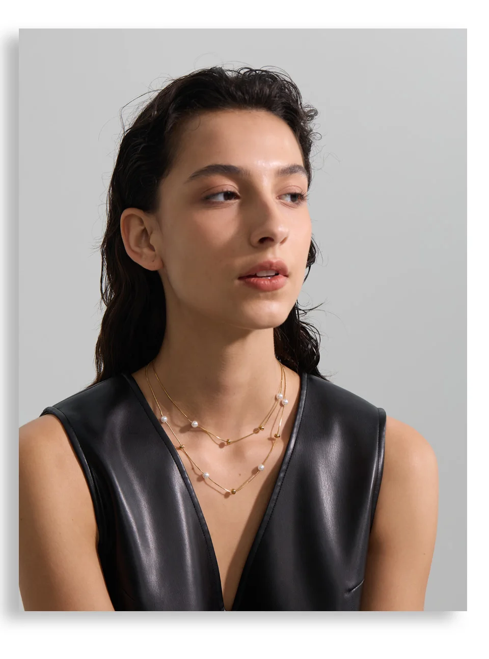 Yhpup Edelstahl Doppelschicht Perlen Kette Overlay Halskette für Frauen Beliebte Chic Frauen Koreanische Chic Schmuck Zubehör – Detail 2
