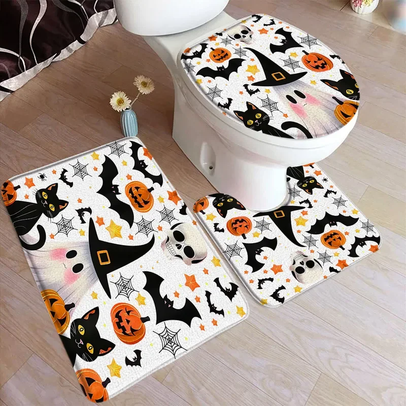 Cartoon Halloween Bath Mat Set White Ghost Black Cat Bat Pumpkin Skull Non-Slip Carpet Bathroom Decor Floor Rug Toilet Member Co