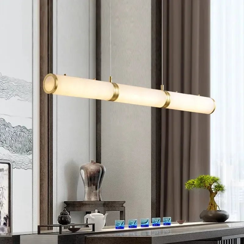 Cylindrical Natural Marble Chandelier Alabaster Restaurant Simple Living Room Dining Room Strip LED All Copper LED Pendant Lamp