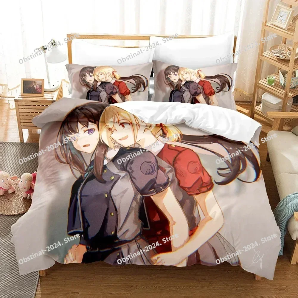 3D 애니메이션 리코리스 리코일 침구 세트 프린트 베개 커버 포함 침대 이불 커버 부드러운 싱글 더블 퀸 슈퍼 킹 사이즈