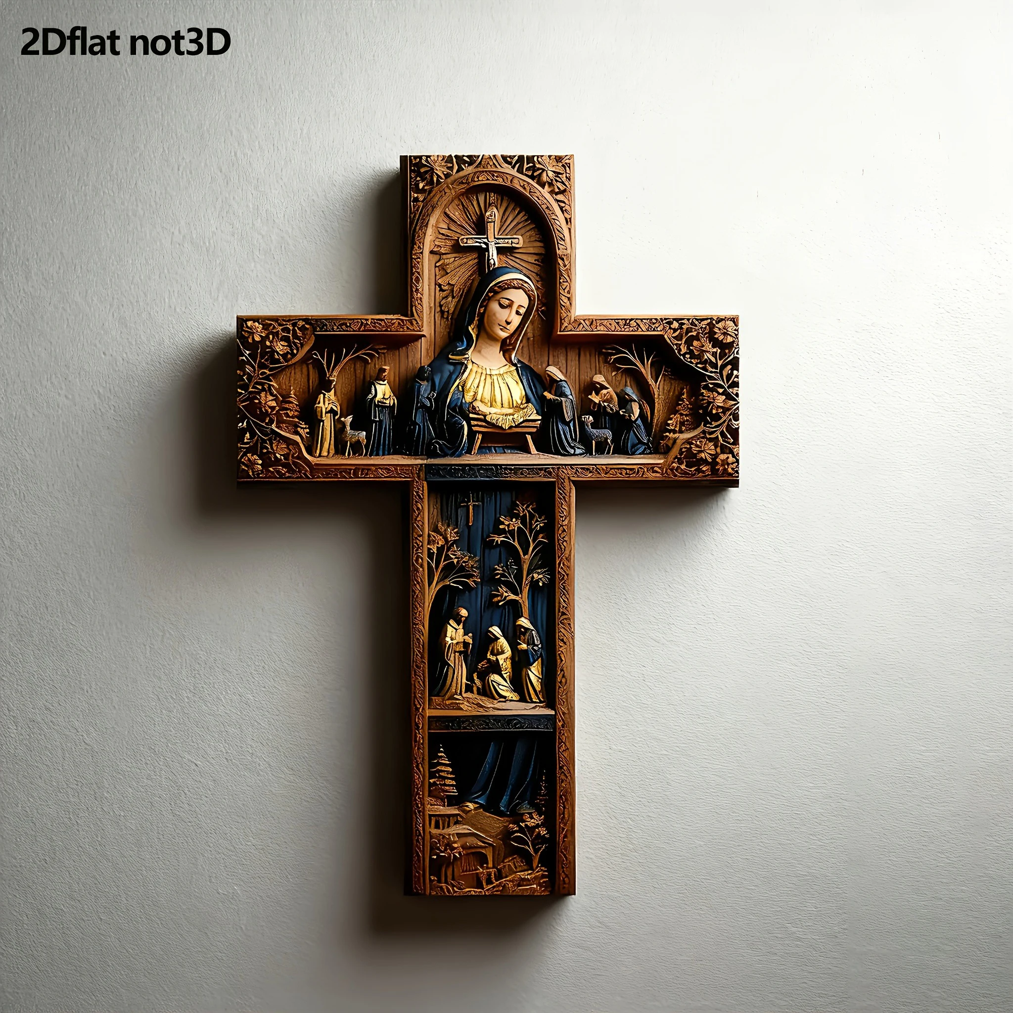 Vintage Manufactured Metal Cross | 2D Flat Christ Religious Wall Decor with Nativity Scene, Suitable for Christmas, Easter 1pc