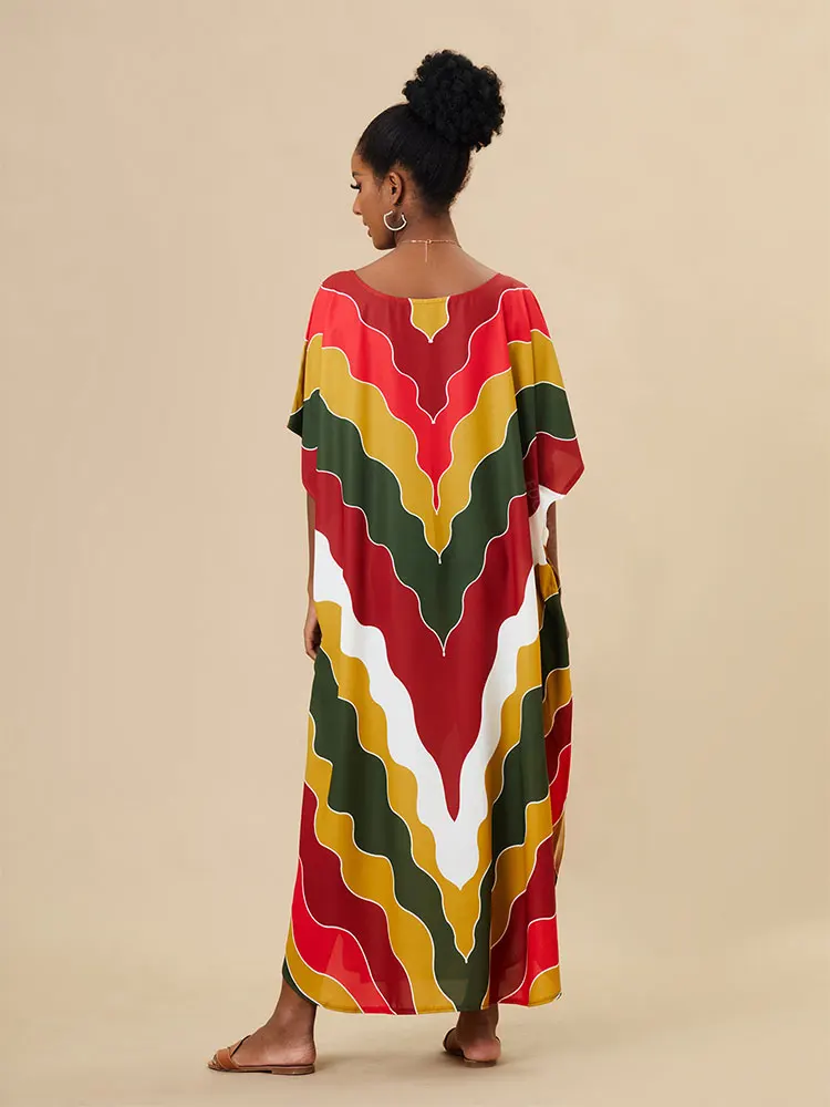 Moroccan Kaftan Boho Rainbow Print Sexy Batwing Sleeve Long Dresses 2024 Summer Women Clothing Beachwear Casual Maxi Dress Q1435