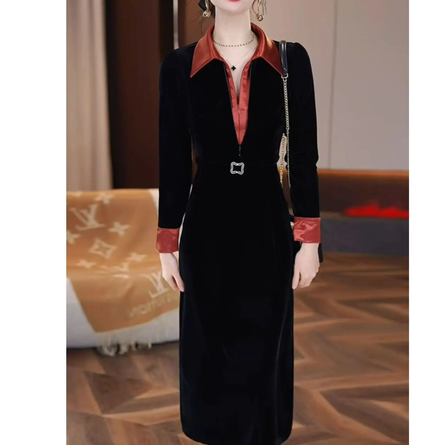 

Fashionable Versatile and Elegant Mid-length Dress New Women's Spring and Autumn Contrasting Dress XQ33