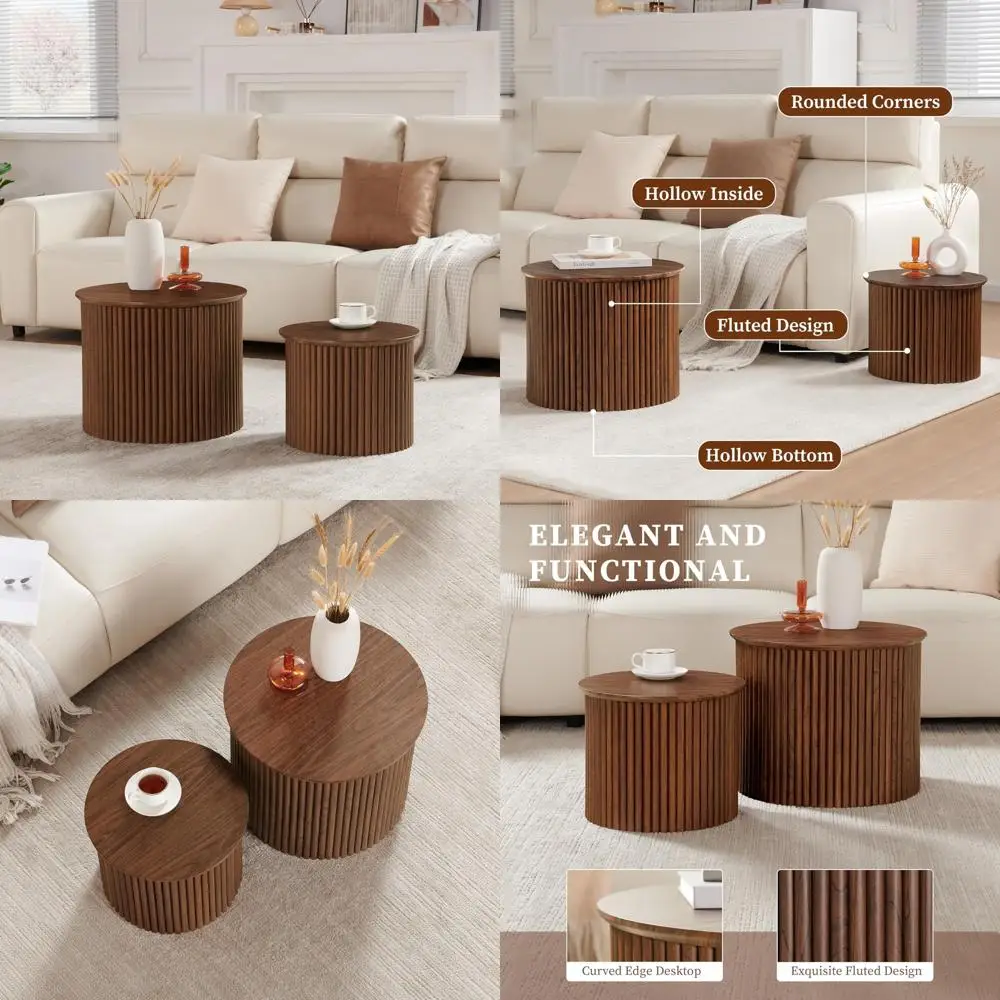 

Mid Century Modern Fluted Small Nesting Coffee Tables Set of 2, Circular Wood Side Tables