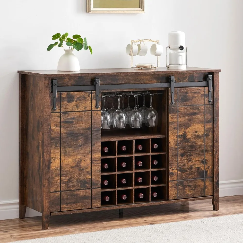 Farmhouse Style Large Buffet Cabinet with 47-Inch Coffee Bar, 16-Bottle Wine Rack, and Sliding Barn Door Storage