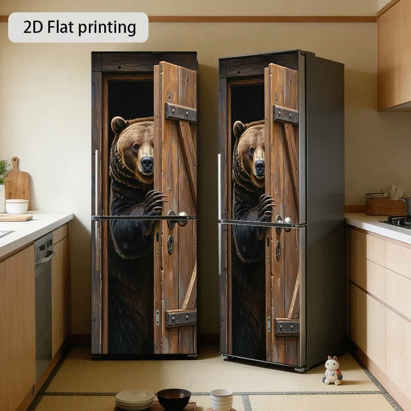 1pc of Refrigerator Sticker Featuring a Brown Bear Peeking Through a Door. The Design Is Suitable for Wall Decoration, Self-Ad