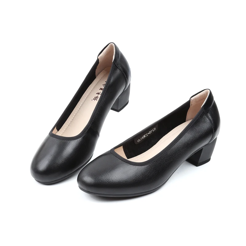 Black Comfortable Woman Shoes High Heels Pumps Slip-on Soft Bottom Comfortable Shoes for Women Coonfort Round Head Leather