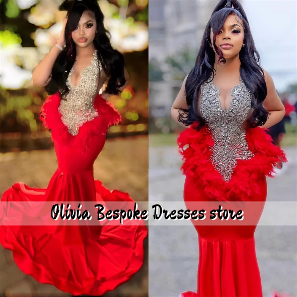 Excellent Red Feathers Prom Dresses Beaded Rhinestones Long Mermaid 2024 Birthday Luxury Dress For Black Girls vestidos de gala