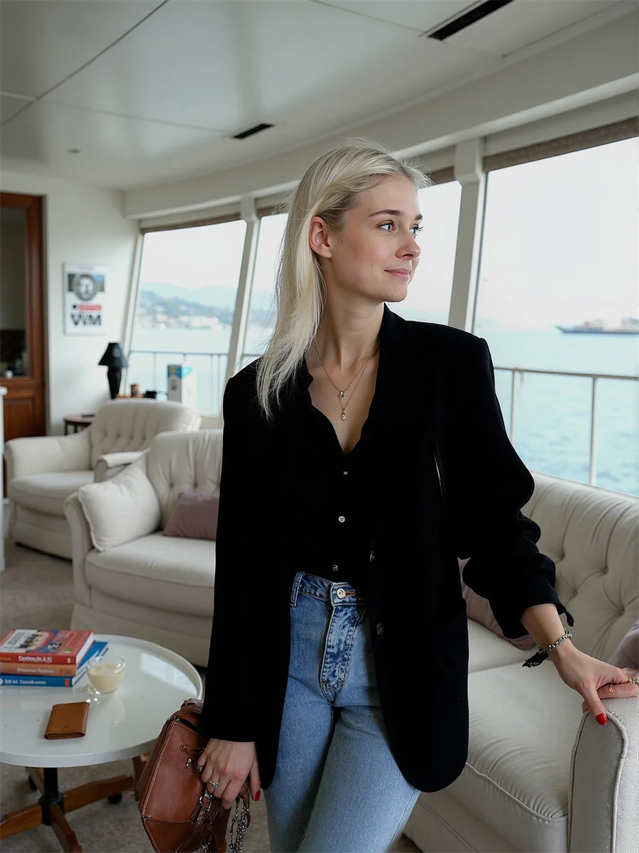 Effen klassieke blazers met enkele rij knopen voor dameskleding Dames Satijn-effect Romantisch wassen Eenvoud Ruche Mager Doorschijnend OL