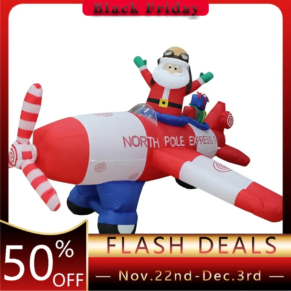 Animated  8 Foot Wide Christmas Inflatable Santa Claus Flying Airplane Blow Up Yard Decoration